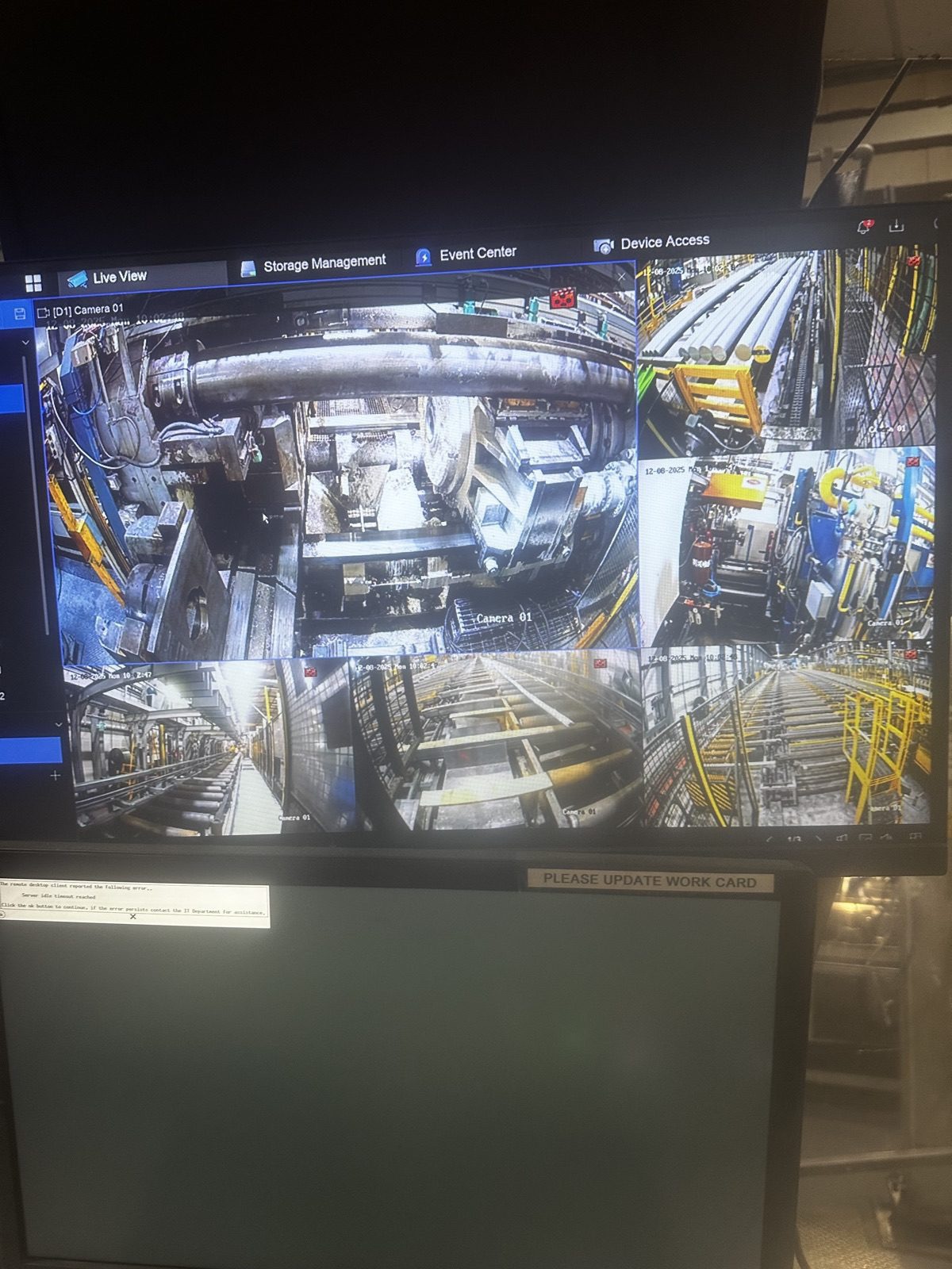 Hikvision NVR live view showing industrial CCTV cameras