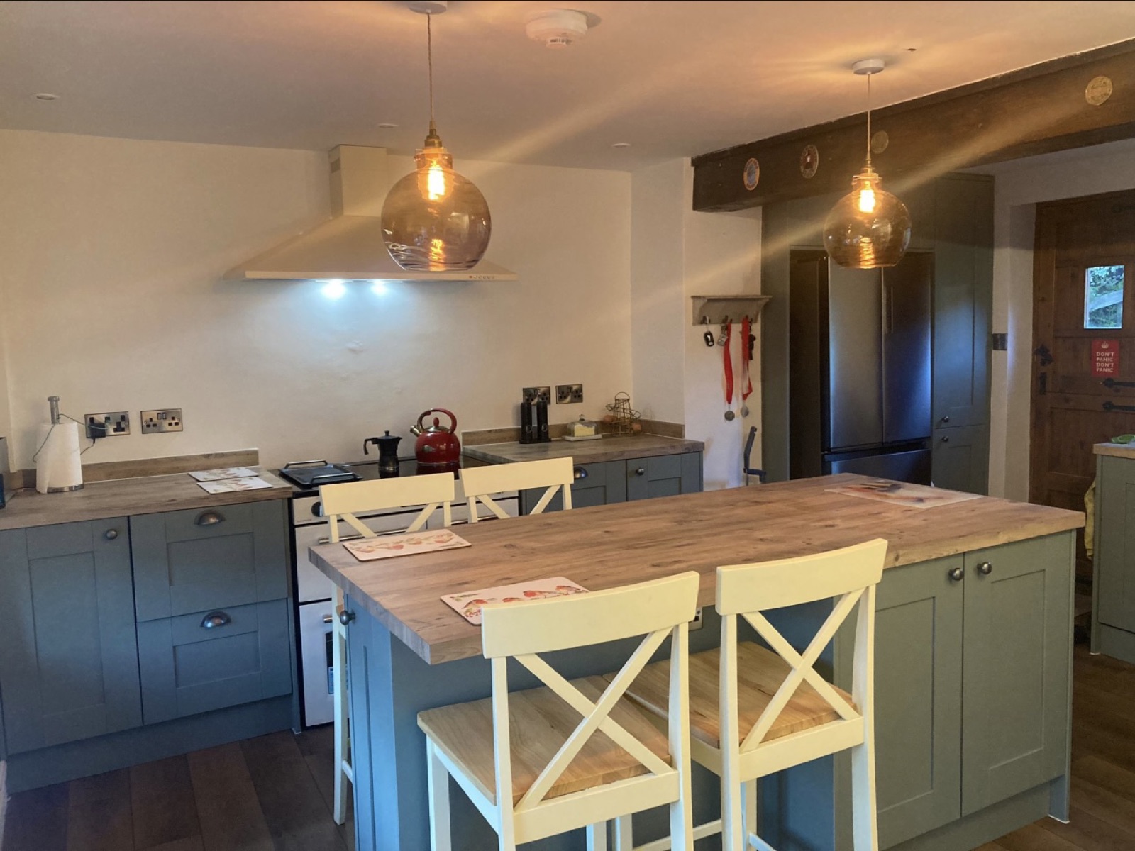 Finished cottage kitchen with pendant lighting by DS Electrical, Mid Somerset