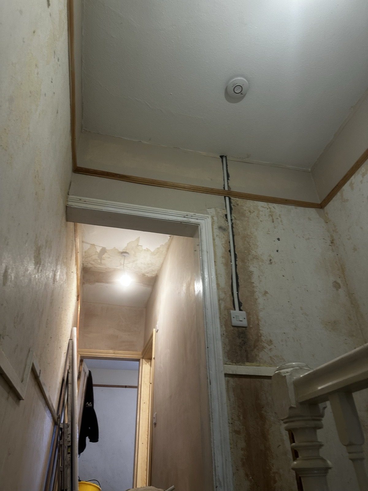 Fire alarm smoke detector installed on landing ceiling with wiring run to panel — BS 5839 compliant domestic fire detection by DS Electrical Somerset