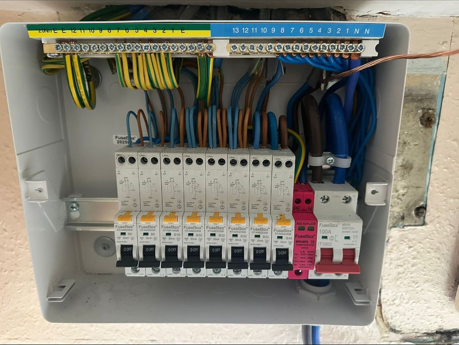 FuseBox 18th Edition distribution board with RCBOs, SPD and 100A main switch installed by DS Electrical