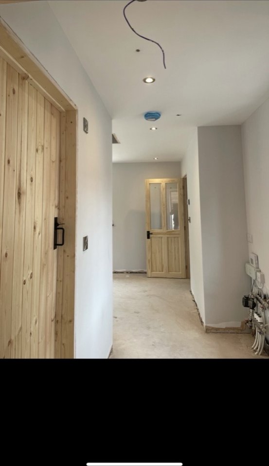 Hallway first fix with downlights and smoke detectors