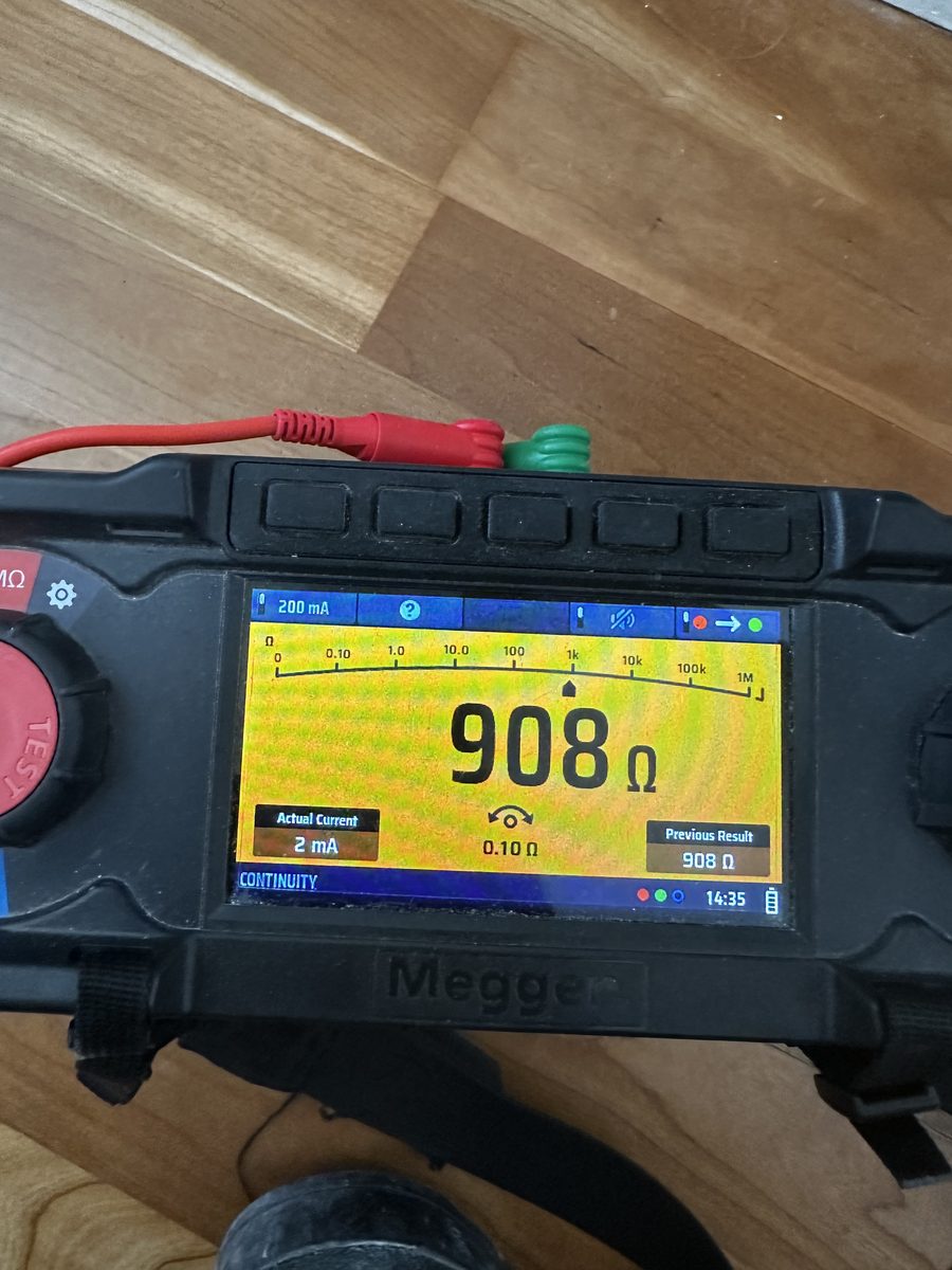 Megger MFT insulation resistance test showing 908 megaohms — EICR electrical inspection testing by DS Electrical Somerset
